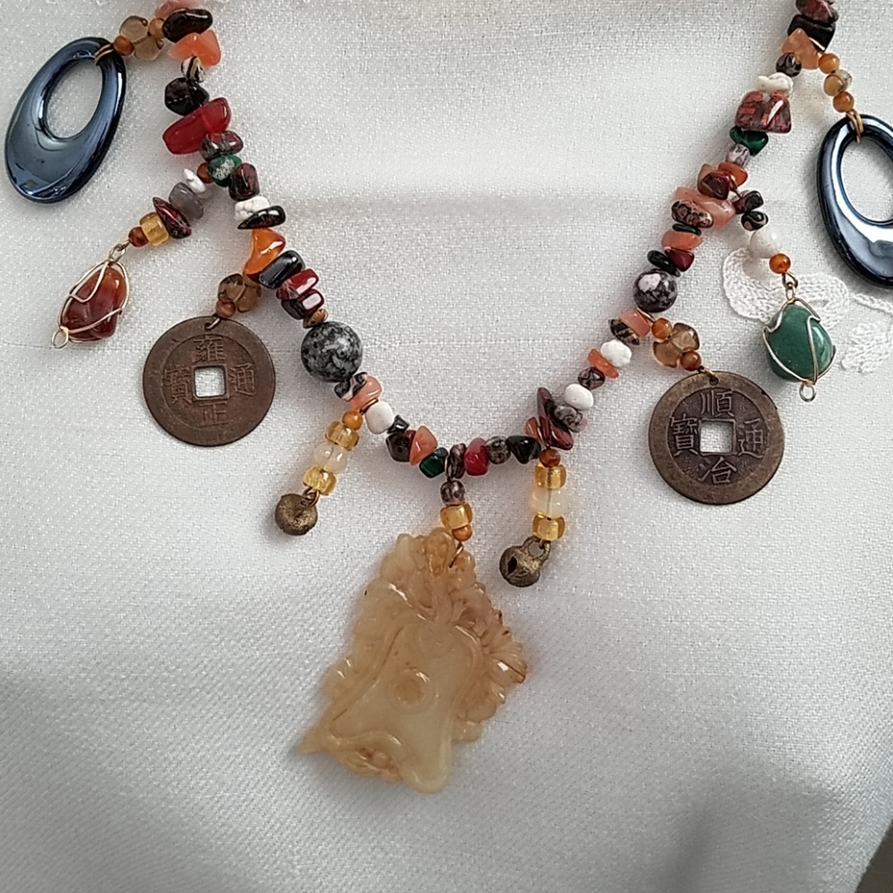 Gemstone Coin Necklace & Earrings